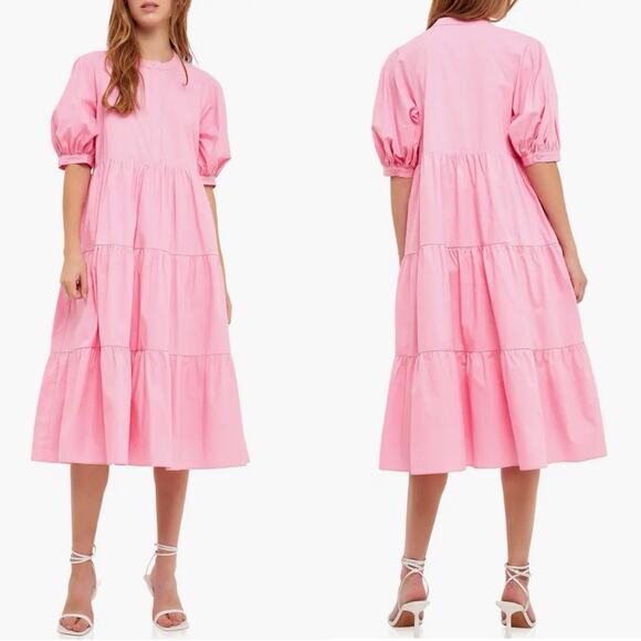 English Factory short puff sleeve Tiered midi Sundress pink Sz Small Balletcore - Picture 10 of 11